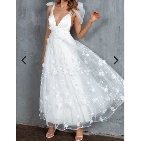 Selfie Leslie XS Tulle Midi Bow Back Romantic ALine Cocktail Wedding Guest Dress - Picture 3 of 16